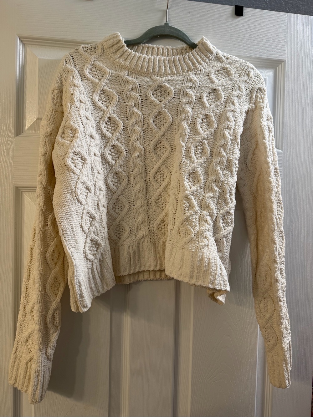 Poof! Ivory Cable Knit Cropped Crewneck Sweater